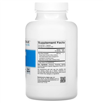 Lake Avenue Nutrition, комплекс с ресвератролом, 500 мг, 250 вегетарианских капсул