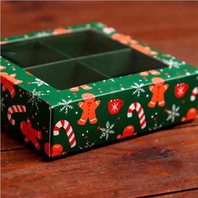 Коробка под 4 конфеты новогодняя «Имбирный пряник», 12.5×12.5×3.5 см