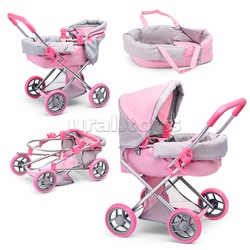 Коляска-люлька для кукол, металлическая, с корзиной, цвет серо-розовый