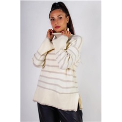 Теплая туника в полоску высокий ворот арт. 2918 (Молочный_светло серая полоса)
