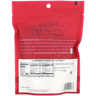 Bergin Fruit and Nut Company, Жареный миндаль, без соли, 198 г (7 унций)