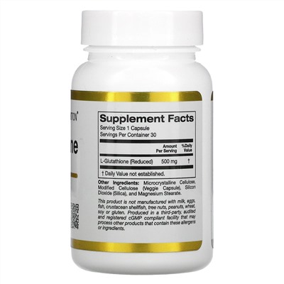 California Gold Nutrition, L-глутатион (восстановленный), 500 мг, 30 растительных капсул