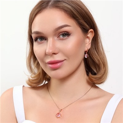 Комплект ювелирная бижутерия коллекция  "Дубай" серьги и кулон, покрытие: позолота, вставка: фианиты, цвет: розовый, арт.215.439