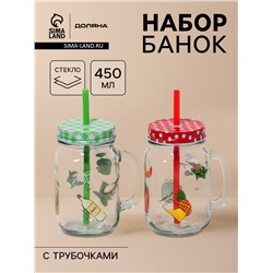 Банки Доляна «Свежий бриз», набор 2 шт.: 2 банки с крышками и трубочками 450 мл, стекло