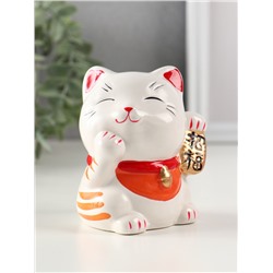 Копилка для денег «Манэки-нэко - иероглиф удача», керамика, оранж, 7.2×8.3×10 см