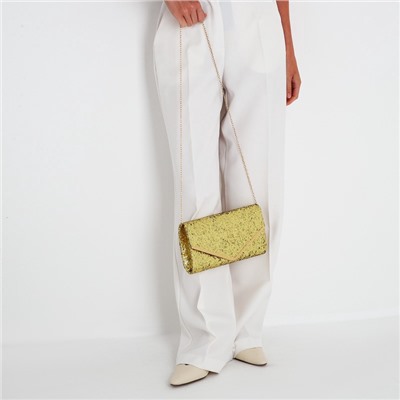 Клатч вечерний, на магните, с длинной цепочкой, блестящий, цвет золотой