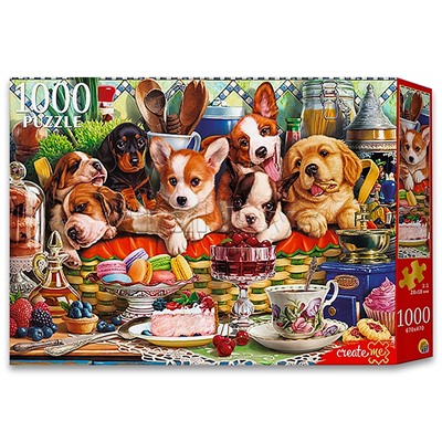 Пазлы 1000 "Щенки в корзине"