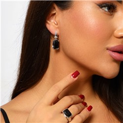 Крупный комплект ювелирной бижутерии, серьги и кольцо 18 р, покрытие посеребрение, вставка: фианит крупный, цвет: черный, арт.213.202-18