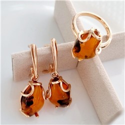 Комплект кольцо и серьги янтарные, покрытие позолота, коллекция "Дубайское Золото", Уценка, арт.08.1244-18 (214.466-18 )
