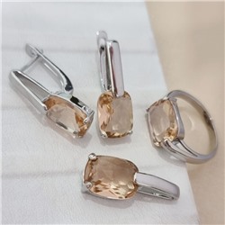 Комплект ювелирной бижутерии коллекция "Дубай" серьги, кулон и кольцо 17 р покрытие посеребрение, вставка: стекло, цвет: шампань, арт.215.536-17