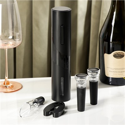 Набор для вина Opra black, 6 предметов: штопор электрический, каплеуловитель, пробка, нож для обрезания фольги, подставка