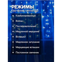 Гирлянда «Занавес» 1.5×1 м, IP20, прозрачная нить, 180 LED, свечение синее, 8 режимов, 220 В