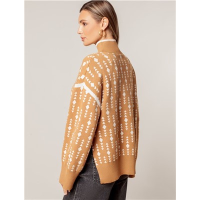 Свитер с боковыми разрезами жаккардовой вязки с кашемиром