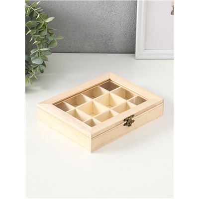 Шкатулка для росписи дерево «Прямоугольная со стеклянной вставкой», для творчества, декора, 12 отделений, 3.5×19×15 см