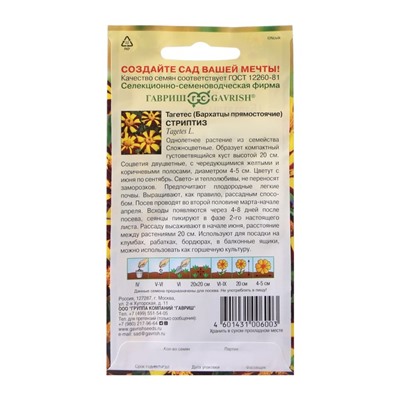 Семена цветов Бархатцы отклоненные (Тагетес) «Стриптиз», ц/п, 0.3 г