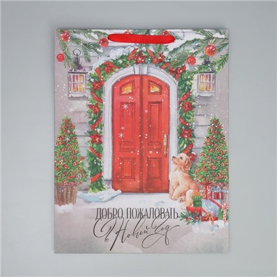 Пакет подарочный новогодний крафтовый «Новогодний дом», L 31×40×11.5 см