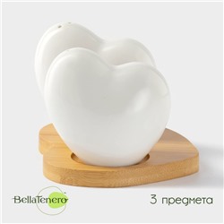 Набор фарфоровый для специй на бамбуковой подставке BellaTenero «Тепло сердец», 2 предмета: солонка 75 мл, перечница 75 мл, белый