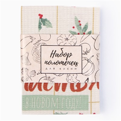 Набор новогодних полотенец Доляна «Зимние праздники» 28×46 см - 2 штуки, 100% хлопок, вафля 160 г/м²