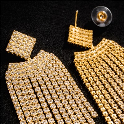 Серьги длинные женские вечерние со стразами, цвет: золотистый и прозрачный, арт.012.052