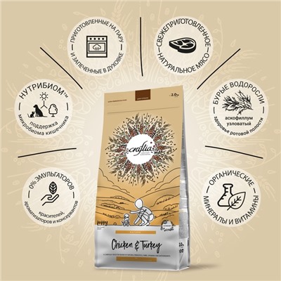 Сухой корм CRAFTIA NATURA для щенков миниатюрных и мелких пород из курицы и индейки 2 кг