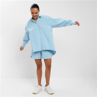 Костюм женский (рубашка, шорты) MINAKU: Oversize, голубой, размер 48