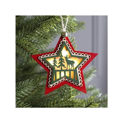 Ёлочная игрушка «Красная звезда с оленем», 10×10×2 см, 4 LED, от батареек, свечение тёплое белое