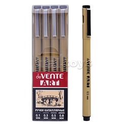 Набор ручек капиллярных "ART" 04 шт, d=0,1, 0,3, 0,5, 0,8 мм, чернила - черные перманентные, круглый корпус, металлический клип, пишущий узел в металлической обойме, в пластиковой коробке