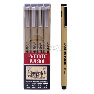 Набор ручек капиллярных "ART" 04 шт, d=0,1, 0,3, 0,5, 0,8 мм, чернила - черные перманентные, круглый корпус, металлический клип, пишущий узел в металлической обойме, в пластиковой коробке