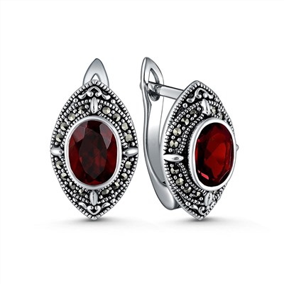 Серьги из чернёного серебра с натуральным гранатом и марказитами 925 пробы HE1751-AFG-LK