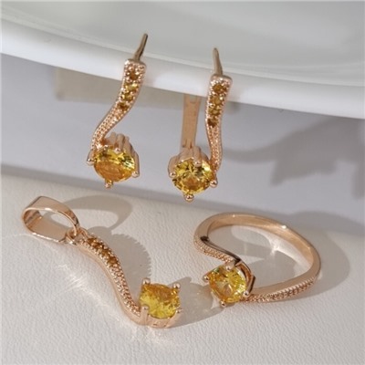 Комплект ювелирной бижутерии коллекция "Дубай" серьги, кулон и кольцо 19 р, покрытие позолота, вставка: фианиты, цвет: желтый, арт.314.914-19