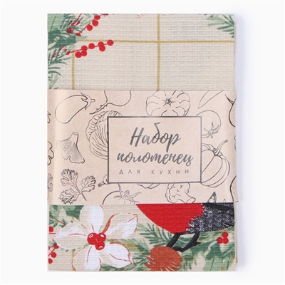 Набор новогодних полотенец Доляна «Рождественские цветы» 28×46 см - 2 штуки, 100% хлопок, вафля 160 г/м²