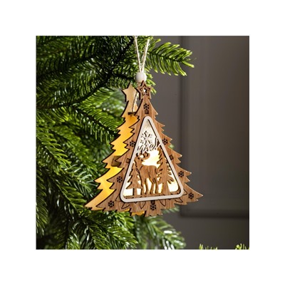 Ёлочная игрушка «Ёлочка с оленем», 11×11×2 см, от батареек, свечение тёплое белое