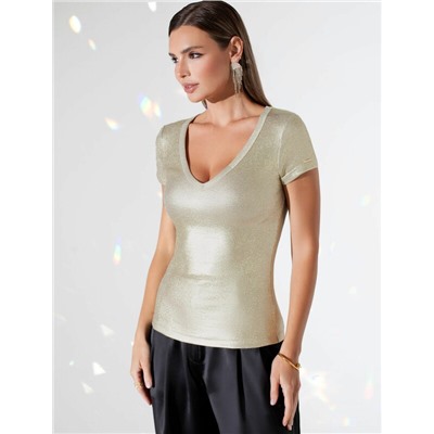 Футболка облегающая из хлопка в рубчик с V вырезом и матовым покрытием металлик