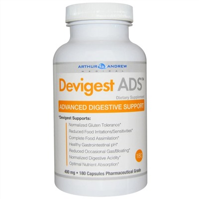 Arthur Andrew Medical, Devigest ADS, усовершенствованное средство для поддержки пищеварения, 400 мг, 180 капсул