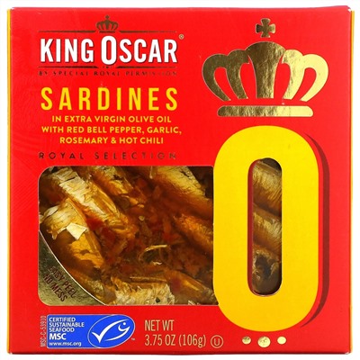 King Oscar, Sardines In Extra Virgin Olive Oil With Red Bell Pepper, Garlic, Rosemary & Hot Chili, 3.75 oz (106 g)