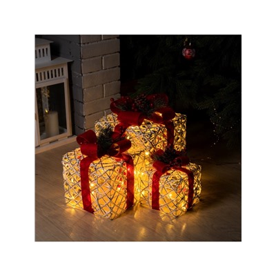 Светодиодная фигура «Серебристые подарки с красной лентой» 15, 20, 25 см, текстиль, металл, 220 В, свечение тёплое белое