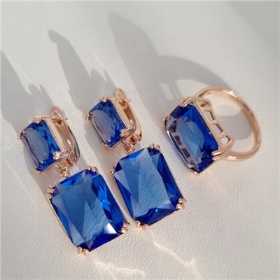 Комплект ювелирная бижутерия коллекция  "Дубай" серьги и кольцо 19 р, покрытие: позолота, вставка: фианиты, цвет: синий, арт.313.006-19