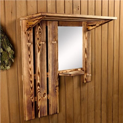 Полка - вешалка для бани и сауны, деревянная, с зеркалом, 4 крючка, цвет обожжённое дерево, «Добропаровъ»