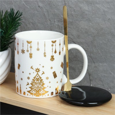 Кружка новогодняя с крышкой, ложка /300 мл/ HB-075 /уп 60/