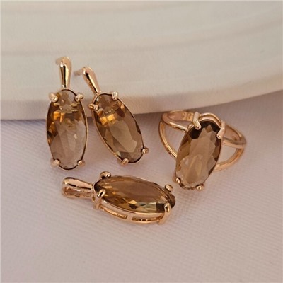 Комплект ювелирной бижутерии коллекция "Дубай"серьги, кулон и кольцо 19 р, покрытие позолота, вставка: фианит, цвет: коричневый, арт.216.410-19