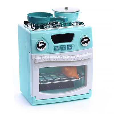 Бытовая техника "Кухонная плита" с набором посуды и продуктов, бирюзовый, (свет, звук) в коробке