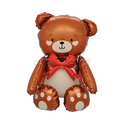 Шар 3D (28''/71 см) Фигура, Сидячий мишка с бантиком, Коричневый, Сатин, 1 шт. в уп.