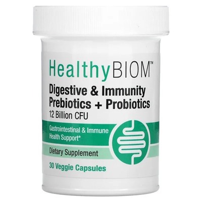 HealthyBiom, Пре-пробиотики для улучшения пищеварения и иммунитета, 12 млрд КОЕ, 30 растительных капсул