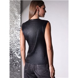 Топ с закрытым декольте из хлопка с эластаном в рубчик с матовым покрытием металлик