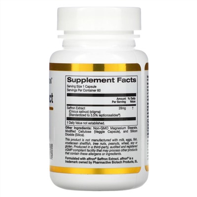 California Gold Nutrition, экстракт шафрана, с экстрактом Affron, 28 мг, 60 растительных капсул