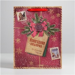 Пакет подарочный новогодний крафтовый «Новогодняя посылочка от Дедушки Мороза», L 31×40×9 см