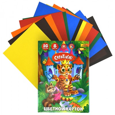 Набор цветного картона А4 16л 8цв КЦ16Л8ЦКР Creativiki