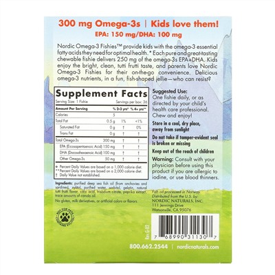 Nordic Naturals, Nordic Omega-3 Fishies, рыбки с омега-3, для детей от 2 лет, вкус тутти-фрутти, 300 мг, 36 рыбок