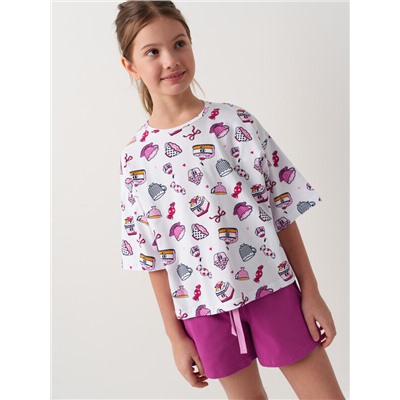 Комплект трикотажный для девочек: фуфайка (футболка), шорты