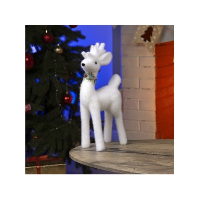 Светодиодная фигура «Олень» 16×30×9 см, флок, от батареек, свечение тёплое белое